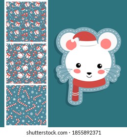 vector set of christmas mouse and seamless patterns. Printing on T-shirts, bags and other fashion items. Design of children's clothing and accessories.