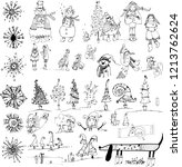 vector set Christmas, New Year. Christmas tree, Santa Claus, gifts, owl, Christmas hat, garlands, gingerbread, house, stickers, line art