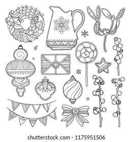 Vector set Christmas, New Year abstract elements in doodle style. Floral, nature, ornate, decorative, tribal objects. Black and white graphic illustrations. Zentangle hand drawn coloring book page