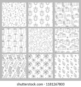 Vector set Christmas and new year seamless patterns holiday sketch black white line backgrounds with gifts socks snowflakes cap for greeting card design and packaging.