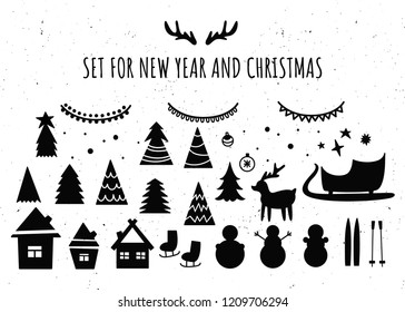 Vector set of Christmas and new year objects. Silhouettes of Christmas trees, electric garlands, houses, skates, skis, deer, toys, snowmen and Santa's sleigh.