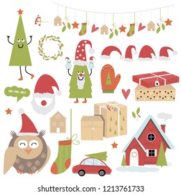 vector set Christmas, New Year. Christmas tree, Santa Claus, gifts, owl, Christmas hat, garlands, gingerbread, house, stickers 
