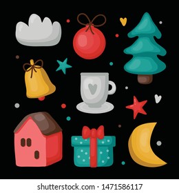 Vector set of Christmas and New Year hand drawn retro elements, christmas tree, ball, gift for icons, stickers, banners