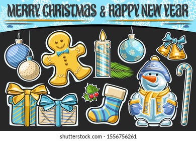 Vector set for Christmas and New Year, decorative cut out illustrations of hanging baubles, cartoon gingerbread man, golden bells with bow, gift boxes, holly berry, kids sock, snowman and candy cane.