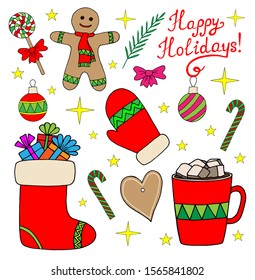 Vector set of Christmas and New Year elements. Design for greeting cards, invitations, stickers, posters, paper, packaging and fabric.