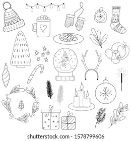 Vector set of Christmas and New Year festive doodles. Collection of hand drawn cartoon elements. Black line art isolated on white background. Cute elements for coloring and desing. 