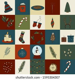 Vector set of Christmas and New Year festive elements in squares. Colorful Christmas pattern. Collection of hand drawn cartoon illustrations. Cute elements for festive desing. 