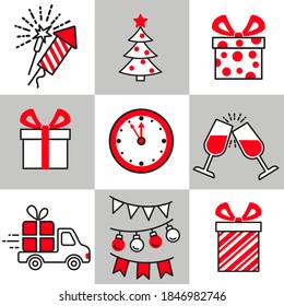 Vector set for Christmas and New Year design. Template for invitation, card. Isolated elements in a simple contour style