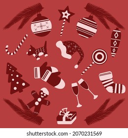 Vector Set Of Christmas And New Year Items For Printing, Backgrounds, Wallpapers