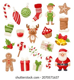 Vector set with Christmas and New Year elements in cartoon style, isolated on white background. Collection of traditional holiday symbols for design stickers, cards, invitations, banners and others.