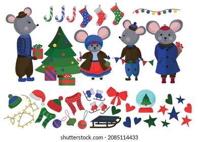 Vector set of Christmas New Year mice isolated on a white background. Festive winter family of mice. Christmas tree, gifts, snow globe, red bow, garland, decorations, Santa Claus hat in flat style