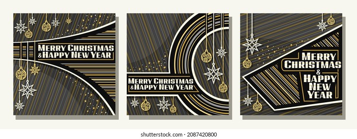 Vector ambientado para Navidad y Año Nuevo con espacio para copiar, 3 carteles cuadrados con decoraciones de navidad decorativa y letras únicas de pincel para navidad de palabra y feliz año nuevo con fondo oscuro