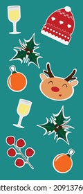 Vector set of Christmas and New Year hand drawn elements. Cute christmas, winter signs and characters. Cliparts with outline isolated. Christmas sticker set