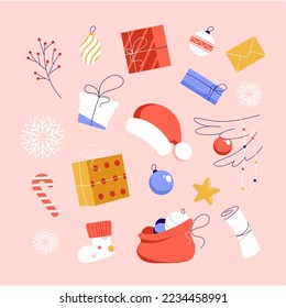 Vector set of Christmas, New Year design elements. Santa hat, gift boxes, christmas decorations, light garland, snowflakes, candies lollipop. Winter holiday decor