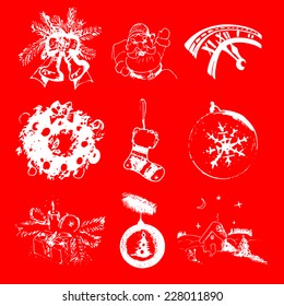 Vector set of Christmas and New Year hand drawn icons with sock, toys, bells, Santa Claus, gift, watch, wreath. Xmas elements illustration for Happy New Year greeting card, poster.