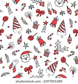 Vector set of Christmas and New Year elements with holiday objects and symbols. Hand drawn in black and red, design for cards, posters, packaging.