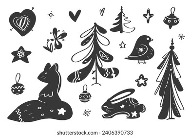 Vector set for Christmas and New Year -  dark grey simple silhouettes of animals, birds, New Year trees on a white background. Cartoon, doodles. Scandinavian style.
