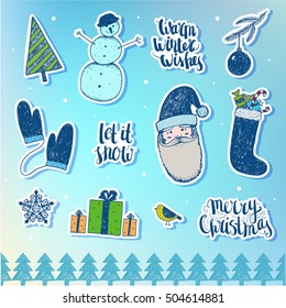 Vector set of Christmas, New Year stickers, badges. Design elements for holiday decoration. Santa, snowman, mittens, christmas tree, stocking, quotes - hand drawn cute collection