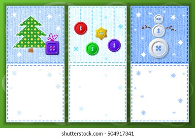 Vector set of Christmas or New Year greeting cards with place for your text. Sewing buttons, stitches and fabric texture - fashion party template