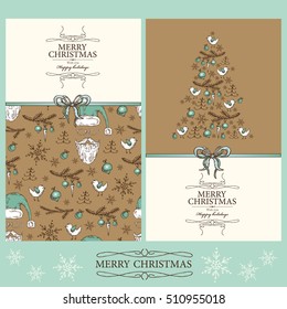 Vector set. Christmas and New Year cards with Christmas tree, Christmas decorations and santa .hand drawn