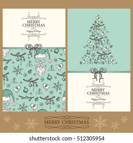 Vector set. Christmas and New Year cards with Christmas stocking, Christmas tree and present. hand drawn