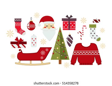 Vector Set of Christmas and New Year Symbols, Elements and Decoration.