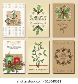 Vector set. Christmas and New Year cards with Christmas decorations, holly, candle, mistletoe and cones. hand drawn