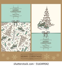 Vector set. Christmas and New Year cards with Christmas stocking, Christmas tree and present. hand drawn.