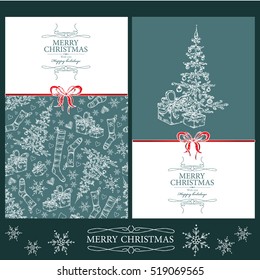 Vector set. Christmas and New Year cards with Christmas stocking, Christmas tree and present. hand drawn.