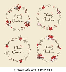 Vector set. Christmas and New Year wreath with Christmas decorations. hand drawn.