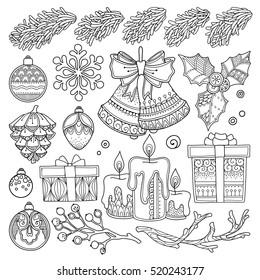 Vector set Christmas, New Year abstract elements in doodle style. Floral, nature, ornate, decorative, tribal objects. Black and white monochrome background. Zentangle hand drawn coloring book page