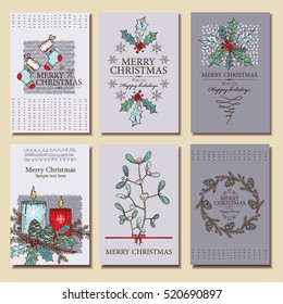 Vector set. Christmas and New Year cards with decorations, holly, candle, mistletoe and cones. hand drawn.