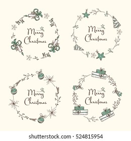 Vector set. Christmas and New Year wreath with decorations. hand drawn