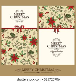 Vector set. Christmas and New Year cards with cones, holly and mistletoe. hand drawn.