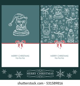 Vector set. Christmas and New Year cards with Christmas decorations, funny bear, fox and snowman. Hand drawn 