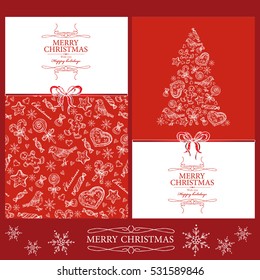Vector set. Christmas and New Year cards with Christmas tree bird and present. Hand drawn 