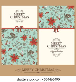 Vector set. Christmas and New Year cards with cones, holly and mistletoe. hand drawn.