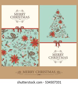 Vector set. Christmas and New Year cards with Christmas tree, cones, holly and mistletoe. hand drawn