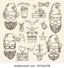 Vector set. Christmas and New Year elements . Santa Claus, Christmas tree and Christmas decorations . hand drawn