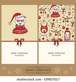 Vector set. Christmas and New Year cards with Christmas decorations, bear, fox and snowman. Hand drawn