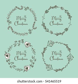Vector set. Christmas and New Year wreath with decorations. hand drawn