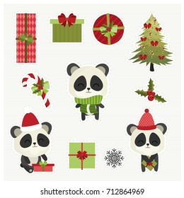 Vector set of Christmas and New Year stickers. Cute  christmas tree, gift boxes and pandas. Chinese panda bear. Holiday collection.