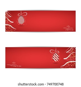 Vector set of Christmas and New Year greeting cards with Christmas tree and egg with butterfly pattern cut from paper with shadow on red gradient background with snowflakes.