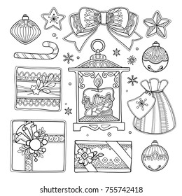 Vector set Christmas, New Year abstract design elements in doodle style. Floral, nature, ornate, decorative, tribal objects. Black and white. Zentangle hand drawn coloring book page