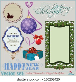 Vector set: Christmas and New Year's Inscriptions, items and backgrounds for decoration and design  