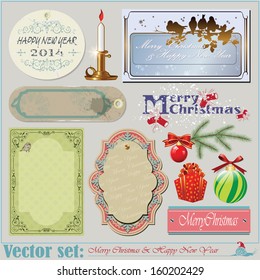 Vector set: Christmas and New Year's Inscriptions, items and backgrounds for decoration and design  