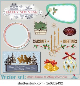 Vector set: Christmas and New Year's Inscriptions, items and backgrounds for decoration and design  