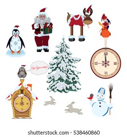 Vector set of Christmas and New Year's cartoon characters isolated on white background. Santa Claus, reindeer, rooster, snowman, penguin, rabbits, owl sitting on a fairy house with clock. Flat design.