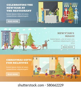 Vector set of Christmas and New Years Eve celebration concept banners. Celebrating the New Year at the restaurant, New Years magic, Christmas gifts for relatives design elements in flat style.
