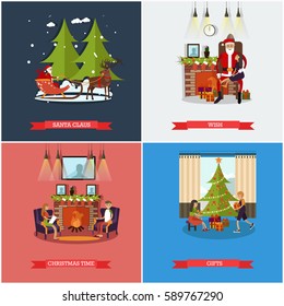 Vector set of Christmas and New Years Eve celebration concept posters, banners. Santa Claus, Wish, Gift, Christmas time design elements in flat style.